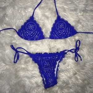 Blue & White Lace Cheeky Bikini